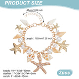 3Pcs Natural Conch Shell & Alloy Starfish & CCB Plastic Pearl Charm Bracelet, Ocean Theme Jewelry for Women, Golden, 7-1/2 inch(19.2cm)