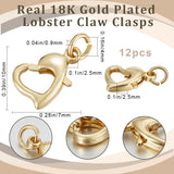 12Pcs Rack Plating Brass Lobster Claw Clasps, Long-Lasting Plated, with Jump Rings, Cadmium Free & Lead Free, Heart, Real 18K Gold Plated, 10x7x2.5mm, Hole: 2.5mm, ring: 4x0.9mm