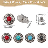 24 Sets 4 Colors Zinc Alloy Buttons, with Synthetic Turquoise and Iron Screws, for Purse, Bags, Leather Crafts Decoration, Flower, Mixed Color, 24~24.5x8.5mm, Hole: 2.5mm, 6 sets/color