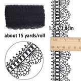 15 Yards Polyester Stitchwork Lace, Wavy Ribbon, DIY Garment Accessories, Flat, with 1Pc Thread Bobbins White Cards, Black, 1-1/2 inch(38mm)