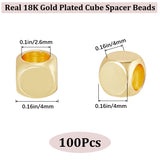 Brass Beads, Cube, Real 18K Gold Plated, 4x4x4mm, Hole: 2.6mm, 100pcs/box
