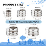 100Pcs 5 Style 202 Stainless Steel Beads, Grooved Column, Stainless Steel Color, 4~8x4~5mm, Hole: 3~6mm, 20pcs/style