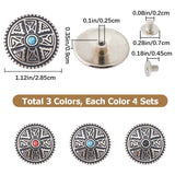 12 Sets 3 Colors Zinc Alloy Buttons, with Synthetic Turquoise and Iron Screws, for Purse, Bags, Leather Crafts Decoration, Flat Round, Mixed Color, 28.5x9mm, Hole: 2mm, 4 sets/color