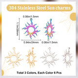 18Pcs 3 Colors 304 Stainless Steel Pendants, Sun, Mixed Color, 28x24x1.5mm, Hole: 1.5mm, 6pcs/color