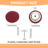 32 Sets 8 Colors Cloth Cap Nail Button, with Iron Rivet, Hat Accessories, Mixed Color, Button: 17x7mm, Hole: 1mm, Rivet: 11x3mm, Pin: 1mm, 4 sets/color