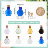 8pcs 8 colors Hexagon Dollhouse Miniature Glass Cork Bottles Ornament, Glass Empty Wishing Bottles for Doll House Decoration, Mixed Color, 3cm, Bottle: 25x20.5x8.5mm, 1pc/color