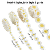 4Pcs 4 Styles Milk Fiber Embroidery Flower Lace Ribbon, Flower Lace Trim, Garment Accessories, Yellow, 14~36mm, about 3 yards/pc, 1pc/style