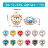 48Pcs 12 Color Alloy Rhinestone Charms, Heart, Light Gold, Mixed Color, 18x16x5mm, Hole: 1.4mm, 4pcs/color