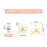 24Pcs 2 Color Brass Stud Earring Findings, with Vertical Loops, Bowknot, with 50Pcs Plastic Ear Nuts, Platinum & Golden, 16x15mm, Hole: 2mm, Pin: 0.6mm, 12Pcs/color
