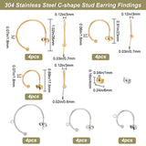 24Pcs 6 Style 304 Stainless Steel C-shape Stud Earring Findings, Half Hoop Earrings with Horizontal Loops, Golden & Stainless Steel Color, 17.5~26x1.2~3mm, Hole: 1.6~1.8mm, Pin: 0.6~0.7mm, 4Pcs/style