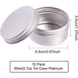 Round Aluminium Tin Cans, Aluminium Jar, Storage Containers for Cosmetic, Candles, Candies, with Screw Top Lid, Silver, 6.8x3.5cm, Capacity: 80ml, 12pcs/box
