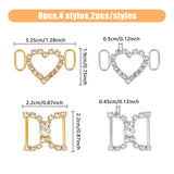 8Pcs 4 Style Brass Crystal Rhinestone Shoe Decoration, Shoe Buckles for DIY Loafer Shoes, Heart & D Shape, Golden & Silver, 19x32.5x3mm, Hole: 10x4mm & 22x22x4.5mm, Hole: 15x6mm, 2pcs/style