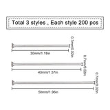 600Pcs 3 Styles 304 Stainless Steel Flat Head Pins, Stainless Steel Color, 200pcs/style