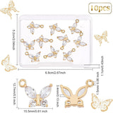 10Pcs Brass Clear Cubic Zirconia Pendants, Long-Lasting Plated, Butterfly Shape, Real 14K Gold Plated, 15.5x12.7x3.4mm, Hole: 1.5mm
