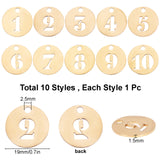 10Pcs 304 Stainless Steel Pendants, Hollow, Flat Round with Number 1~10, Golden, 1pc/number
