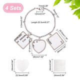 4 Sets Sublimation Blank Bracelet Making, with Pendants, Iron Rolo Chain, Lobster Claw Clasp and Zinc Alloy Cabochons, Square & Heart, Platinum, 8-1/8 inch(20.5cm)