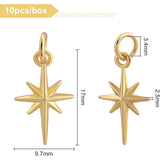 10Pcs Brass Pendants, with Jump Rings, Star, Real 18K Gold Plated, 17x9.7x2.5mm, Hole: 3.4mm