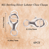 6PCS 925 Sterling Silver Lobster Claw Clasps, Platinum, 10x7x3mm, Hole: 2.5mm