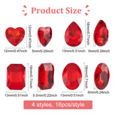 64Pcs 4 Style Glass Rhinestone Cabochons, Faceted, Pointed Back & Back Plated, Heart & Teardrop & Rectangle & Oval, Hyacinth, 12~18x12~13x5~6mm, 16pcs/style