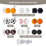 36Pcs 9 Style All Kinds of Sports Balls Silicone Beads, Chewing Beads For Teethers, DIY Nursing Necklaces Making, Round & Baseball & Football, Mixed Color, 12~14.5x12~14x12~14mm, Hole: 2mm, 4pcs/style