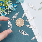 201 Stainless Steel Pendants, Filigree Joiners Findings, Laser Cut, Feather, Stainless Steel Color, 33.5x10.5x1mm, Hole: 1.4mm, 8pcs/box
