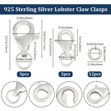 6Pcs 2 Size 925 Sterling Silver Lobster Claw Clasps, with 925 Stamp, with 12Pcs Open Jump Rings, Silver, 9.5mm, Hole: 1mm, 3Pcs/size