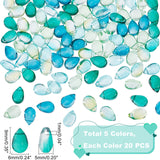 100Pcs 5 Colors Transparent Glass Charms, Glitter Gold Powder, Teardrop, Green, 9x6x5mm, Hole: 1mm, 20pcs/color