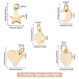 30Pcs 5 Style Brass Charms, with Jump Rings, Heart & Moon & Fish & Clover, Real 18K Gold Plated, 10x11x1.5mm, Hole: 3.5mm