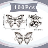 100Pcs Tibetan Style Alloy Connector Charms, Butterfly Links, Cadmium Free & Lead Free, Antique Silver, 20x14x2mm, Hole: 1.5mm