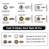 500Pcs 10 Style Tibetan Style Alloy Beads, Flower & Disc & Flat Round, Mixed Color, 6~7x6~7x2~4mm, Hole: 1~4mm, 50pcs/style