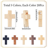 100Pcs 5 Styles Wood Pendants, Dyed, Religion Cross Charms, Mixed Color, 21~22x14~15x4~5mm, Hole: 1.8~2mm, 20pcs/style