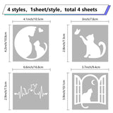 4Pcs 4 Styles Square PET Waterproof Self-adhesive Car Stickers, Reflective Decals for Car, Motorcycle Decoration, Silver, Cat Pattern, 200x200mm, 1pc/style