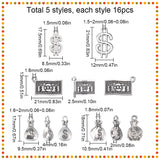 80Pcs 5 Style Tibetan Style Zinc Alloy Pendants, Money Shapes, Antique Silver, 10.5~21x8.5~13x1~4mm, Hole: 1.5~1.8mm, 16pcs/style