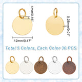 150Pcs 5 Colors Brass Stamping Blank Tag Charms, Nickel Free, Flat Round, Mixed Color, 12x0.25mm, Hole: 4mm, 30pcs/color