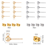 304 Stainless Steel Ear Stud Components, with Loop and Ear Nut, Ball, Golden & Stainless Steel Color, Ear Stud Component: 16x5mm, Hole: 1.6mm, Pin: 0.8mm, 40pcs/box, Ear Nut: 3x6x3mm, Hole: 0.8~1mm, 40pcs/box