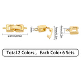 12 Sets 2 Colors Brass Fold Over Clasps, 1-Hole, Platinum & Golden, 24x7x4mm, Hole: 1mm, 6sets/color