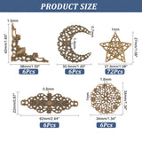5 Style Iron Filigree Joiners Links, Hollow, Star/Crescent Moon/Flat Round, Antique Bronze, 27~62x22~57.5x0.6~1.5mm, 104pcs/box
