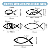 10 Sheets 5 Styles Waterproof Jesus Fish Plastic Car Stickers, Fish Decals for Motorcycle, Car Windshield, Vehicle Decor, Black, 128~157x57~77x0.3mm, 2 sheets/style