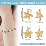 8Pcs 2 Style 304 Stainless Steel Pendants, with Jump Rings, Starfish, Real 14K Gold Plated, 17~18.5x17x2.5~3mm, Hole: 2.8~3.2mm, 4pcs/style