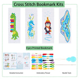 4 Sets 4 Style DIY Sea Horse/Penguin/Dinosaur/Butterfly Pattern PP Bookmarks Cross Stitch Kits, including Polyester Thread, Sewing Needles, Threader, Mixed Color, 227~230x78~80x0.8~0.9mm, 1 set/style