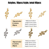 40Pcs 4 Styles Zinc Alloy Pendants, Snake Charm, Mixed Color, 39~41x14.5~15x2.5~4.5mm, Hole: 2~4.5mm, 10pcs/style