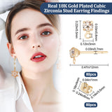 80Pcs Brass Stud Earring Findings, with Clear Cubic Zirconia & Horizontal Loops & 80Pcs Friction Ear Nuts, Diamond, Real 18K Gold Plated, 5.5x3mm, Hole: 0.8mm, Pin: 0.7mm