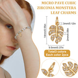 6Pcs 3 Colors Brass Micro Pave Cubic Zirconia Charms, Tropical Leaf Charms, Monstera Leaf, Lead Free & Nickel Free & Cadmium Free, Mixed Color, 14x9.5x2mm, Hole: 3mm, 2pcs/color