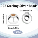 925 Sterling Silver Beads, Round, Silver, 2x2mm, Hole: 0.5mm, 100pcs/box