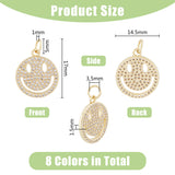 8Pcs Brass Micro Pave Clear Cubic Zirconia Pendants, Long-Lasting Plated, Flat Round with Smile Face Charms, Real 18K Gold Plated, 17x14.5x1.5mm, Hole: 3.5mm