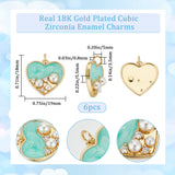 6Pcs Rack Plating Brass Micro Pave Cubic Zirconia Pendants, with Jump Rings & Enamel & Acrylic Imitation Pearl, Long-Lasting Plated, Lead Free & Cadmium Free, Heart Charm, Real 18K Gold Plated, 18x19x5.5mm, Hole: 3.5mm