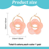 6 Pairs 6 Colors Cute Acrylic Flower Dangle Hoop Earrings, Light Gold Alloy Jewelry for Woman, Mixed Color, 36mm, Pin: 0.7mm, 1 Pair/color