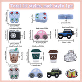 12Pcs 12 Style Food Grade Eco-Friendly Silicone Beads, Chewing Beads For Teethers, DIY Nursing Necklaces Making, Flip-flops & Bag & Camera & Bicycle & Cup, Mixed Color, 21~30x25~30x8.59mm, Hole: 2~3mm, 1pc/style