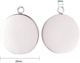 304 Stainless Steel Pendant Cabochon Settings, Flat Round, Stainless Steel Color, Tray: 25mm, 32x28x1mm, Hole: 2mm, 50pcs/box