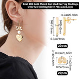 20Pcs Brass Round Bar Stud Earring Findings, with 925 Sterling Silver Pins and Horizontal Loops, with 20Pcs Ear Nuts, Nickel Free, Real 18K Gold Plated, 15x2mm, Hole: 1mm, Pin: 0.7mm